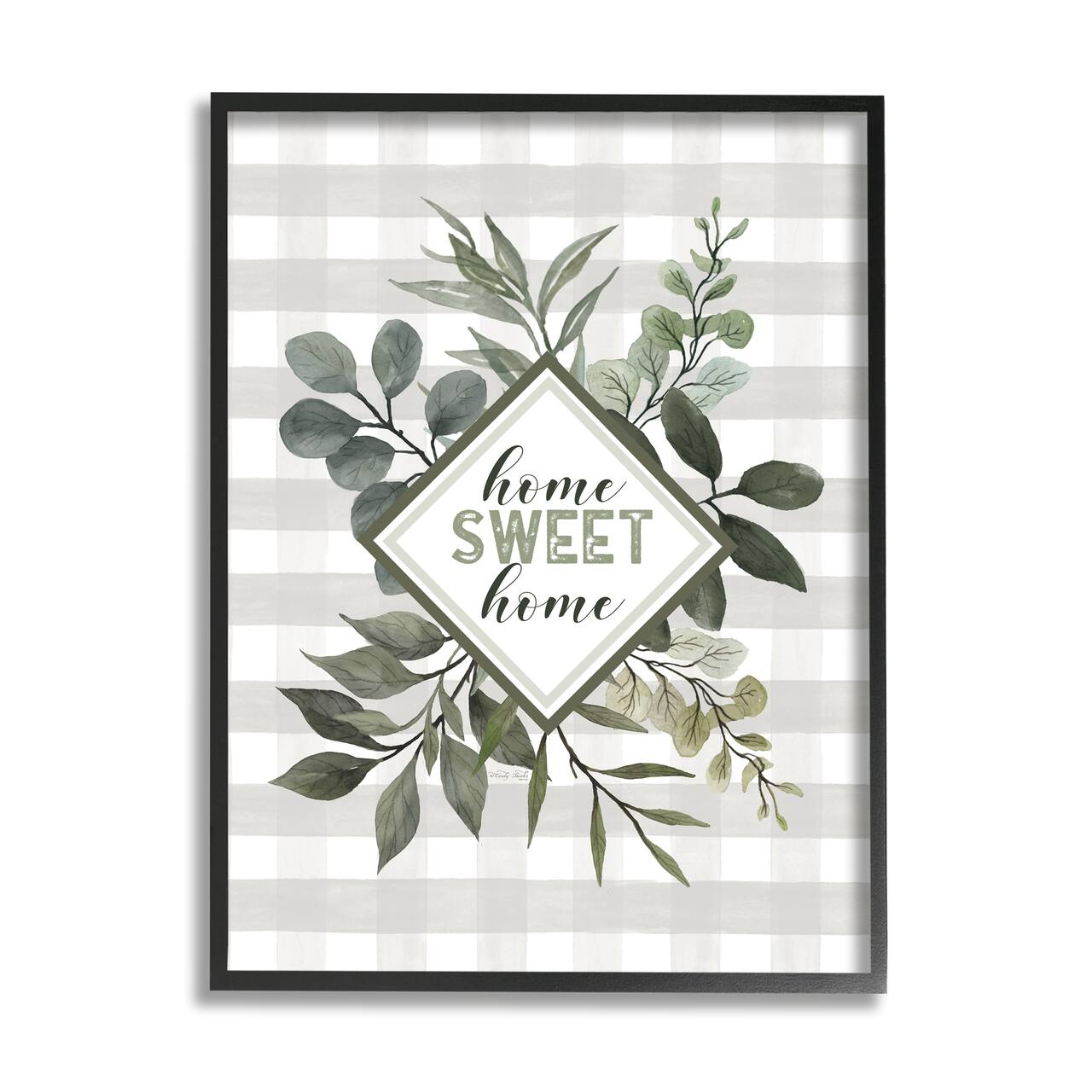 Stupell Industries Home Sweet Home Phrase Green Botanicals Plaid Pattern Framed Wall Art